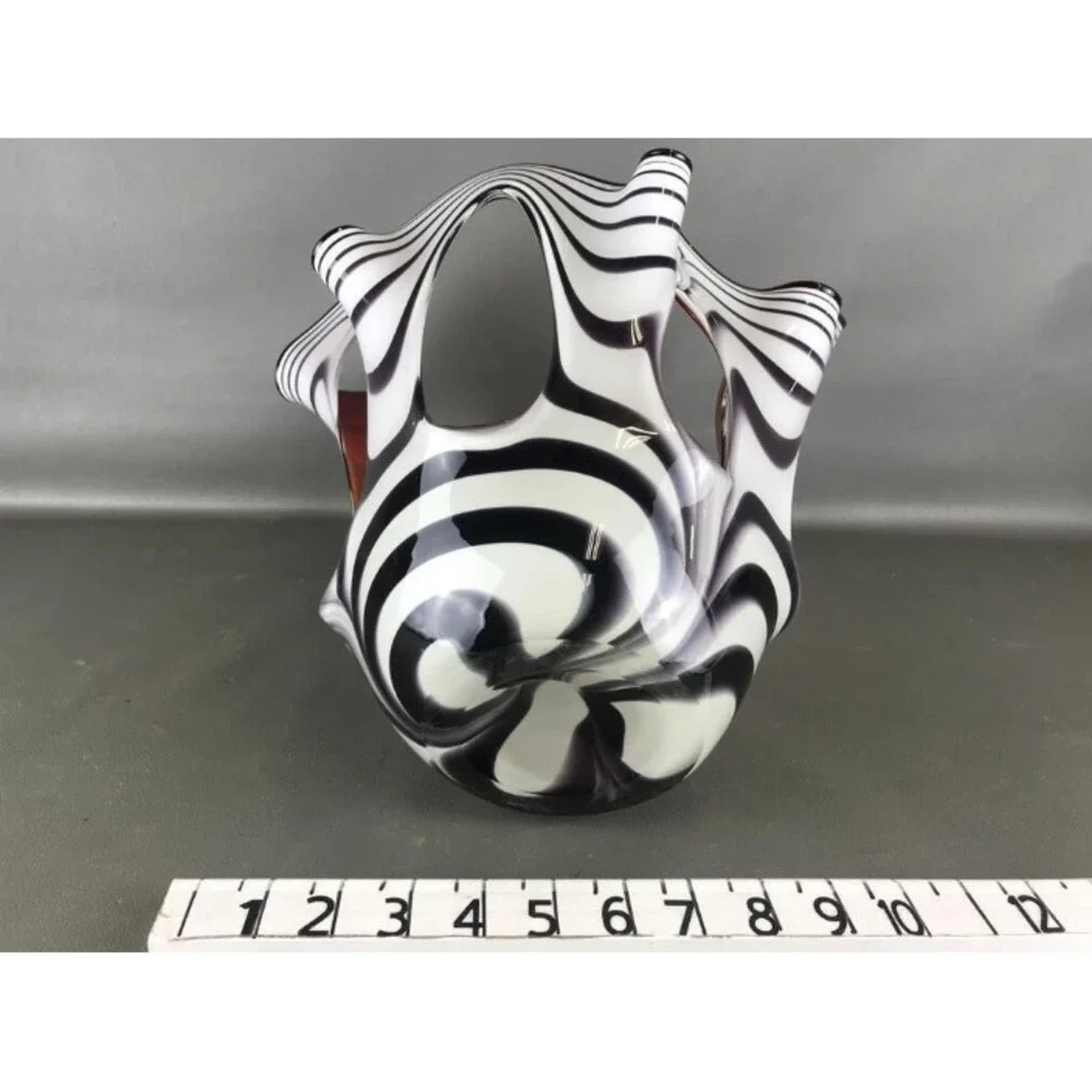 VTG Large Zebra Stripe Handkerchief Vase Red White Black 10